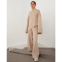 Half Turtleneck Irregular Asymmetric Sweater Suit Elegant Beveled Sweater Knitted Wide Leg Pants