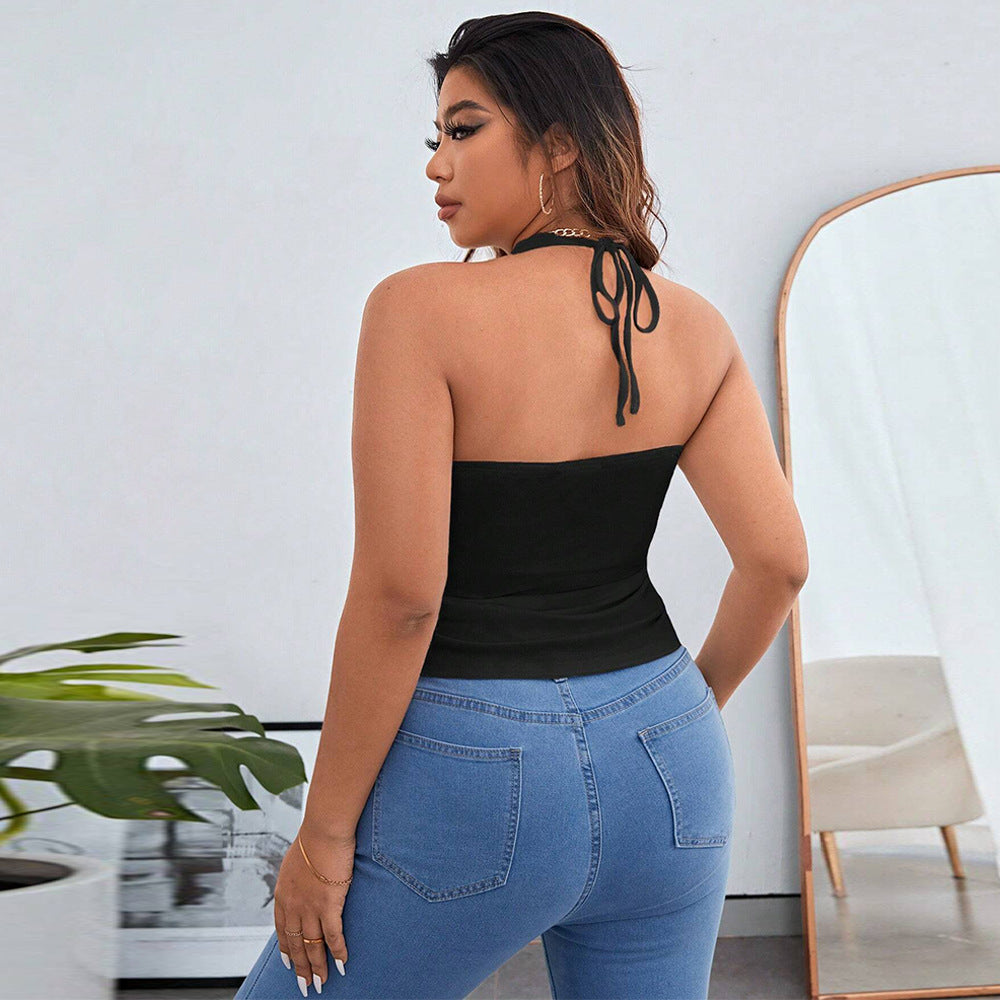 Plus Size Women Clothes Slim Fit Slimming Asymmetric Hem Halter Strappy Sleeveless Tank Top Sexy Bandeau