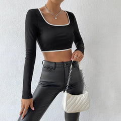 Sexy cropped Autumn Winter Long Sleeve T shirt Women Stitching Contrast Color Inner Wear Bottoming Shirt