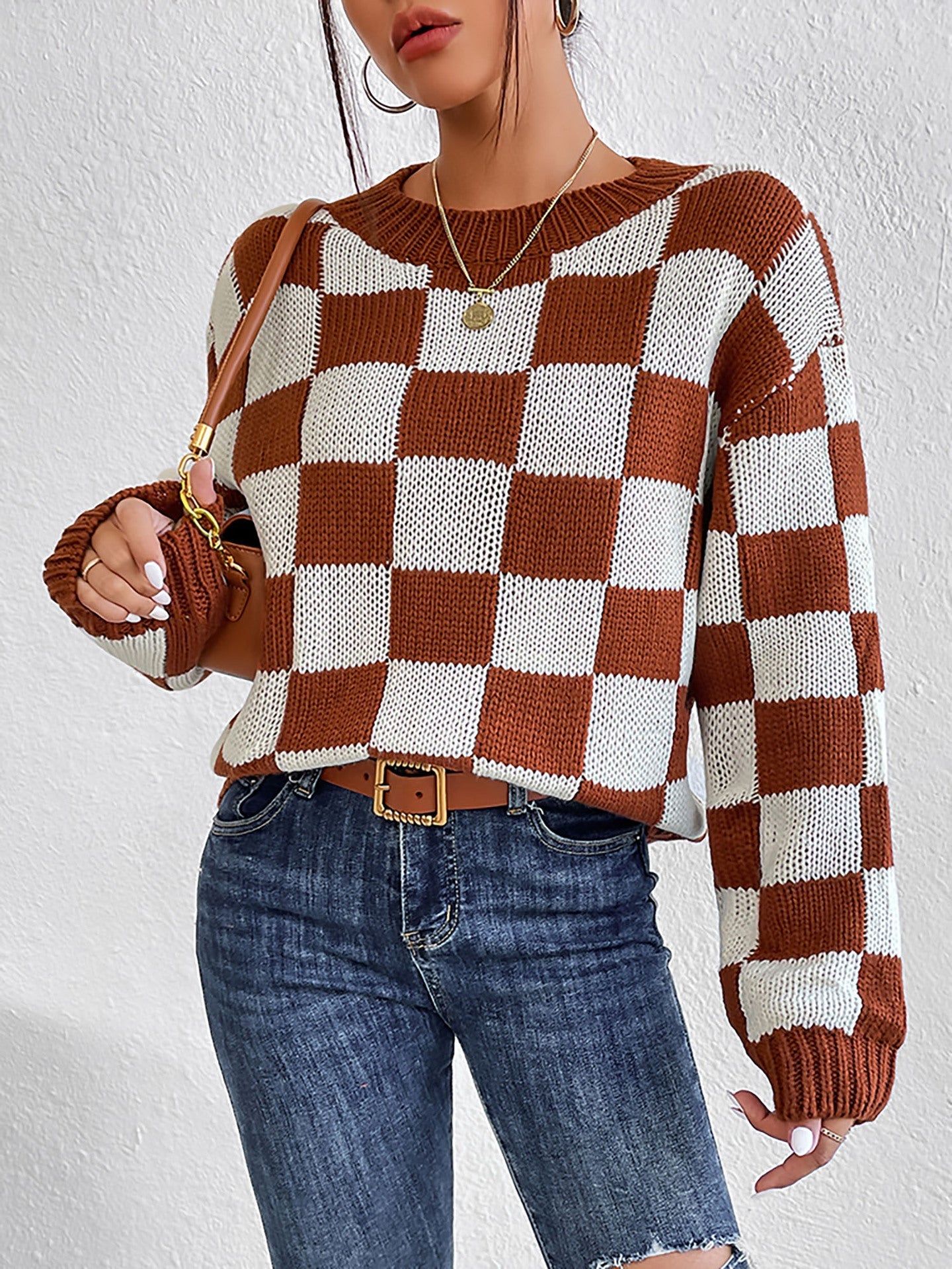 Women Clothing Long Sleeve Autumn Winter Color Matching Chessboard Plaid Loose Crew Neck Pullover Sweater Women