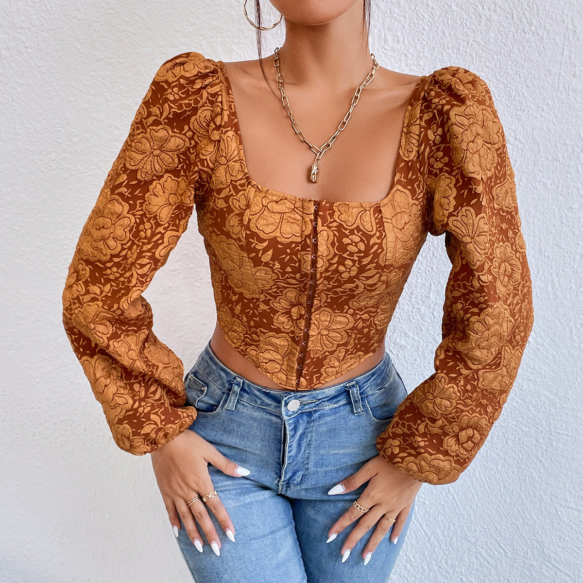 Autumn Street Embroidery Embroidery Retro Vest Breasted Backless Long Sleeves Top