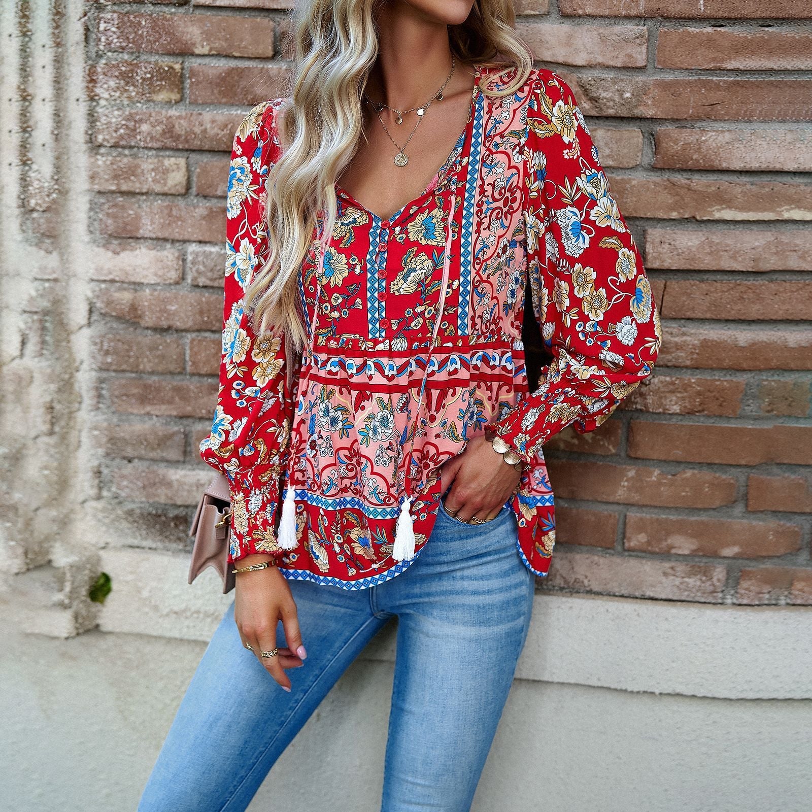 Women Clothing Autumn Bohemian Casual Rayon Printed Long Sleeved Shirt Women