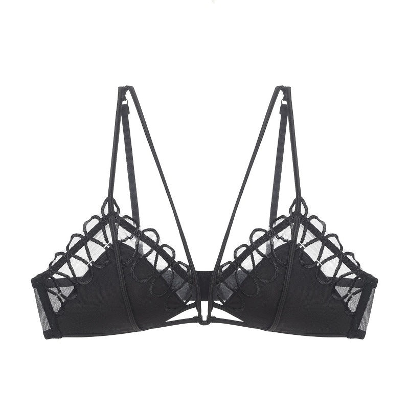 French Mesh Embroidered Underwear Women Thin Section Without Steel Ring Triangle Cup Sexy Bra Set Bralette