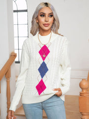 Hollow Out Hit Color Diamond Lattice Twist Long Sleeve Half Turtleneck Knitted Sweater Women Autumn Winter Women Clothing