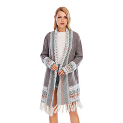 Tassel Retro Ethnic Knitted Cardigan Sweater Bohemian Loose Autumn Winter Long Coat