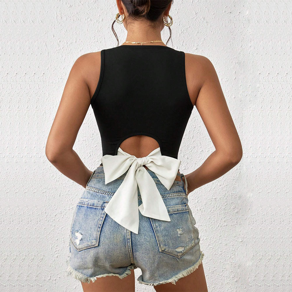 Women Clothing Sexy V neck Slim Fit Ultra Short Sleeveless Hollow Out Cutout out Stitching Small Tank Top Top