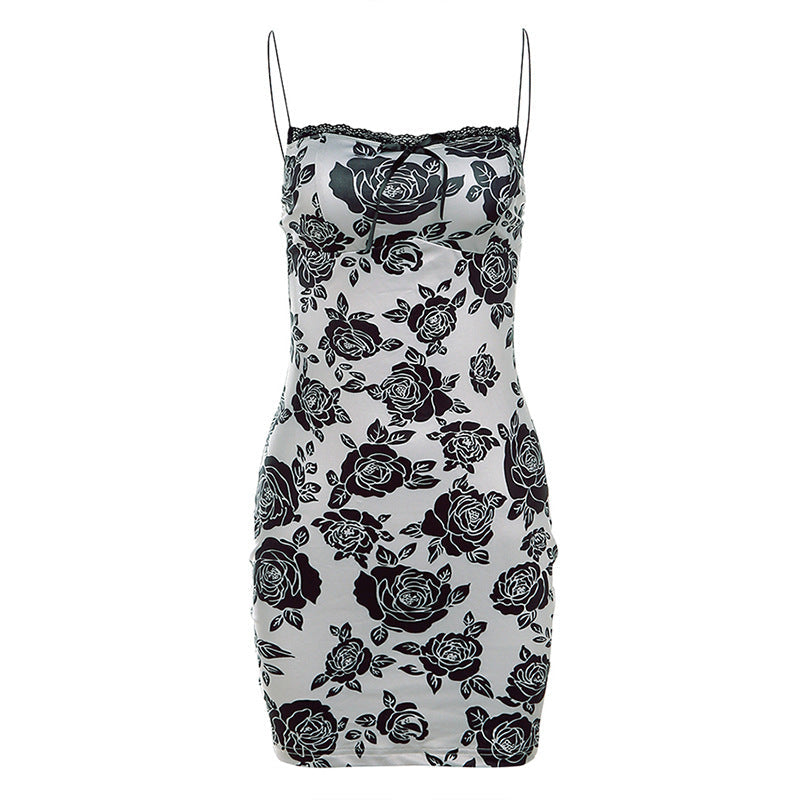 Fall Women  Clothing Backless Strap Slim Fit Vintage Printed Sheath Dress