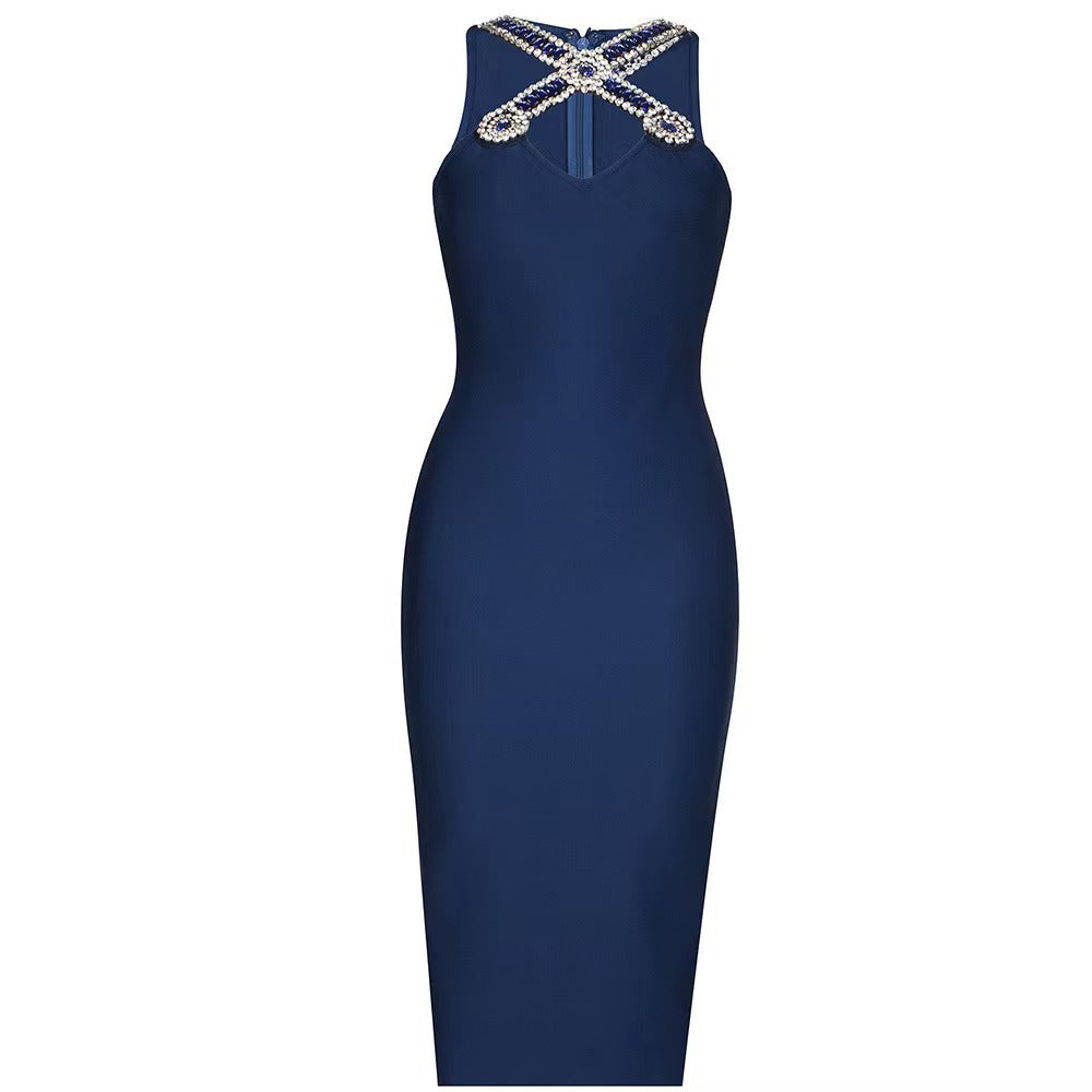 Summer Royal Blue V neck Bandage Maxi Dress Diamond Cross Design Formal Dress