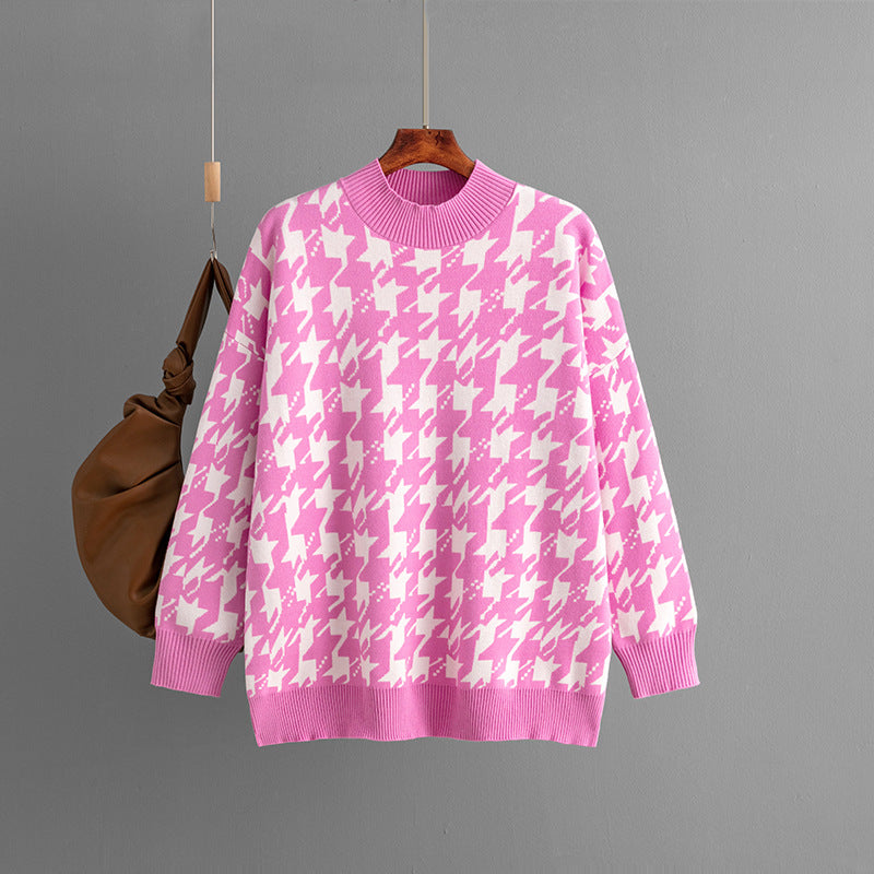 Autumn Winter Houndstooth Knitted Pullover Round Neck Loose Fitting Oversized Sweater Women