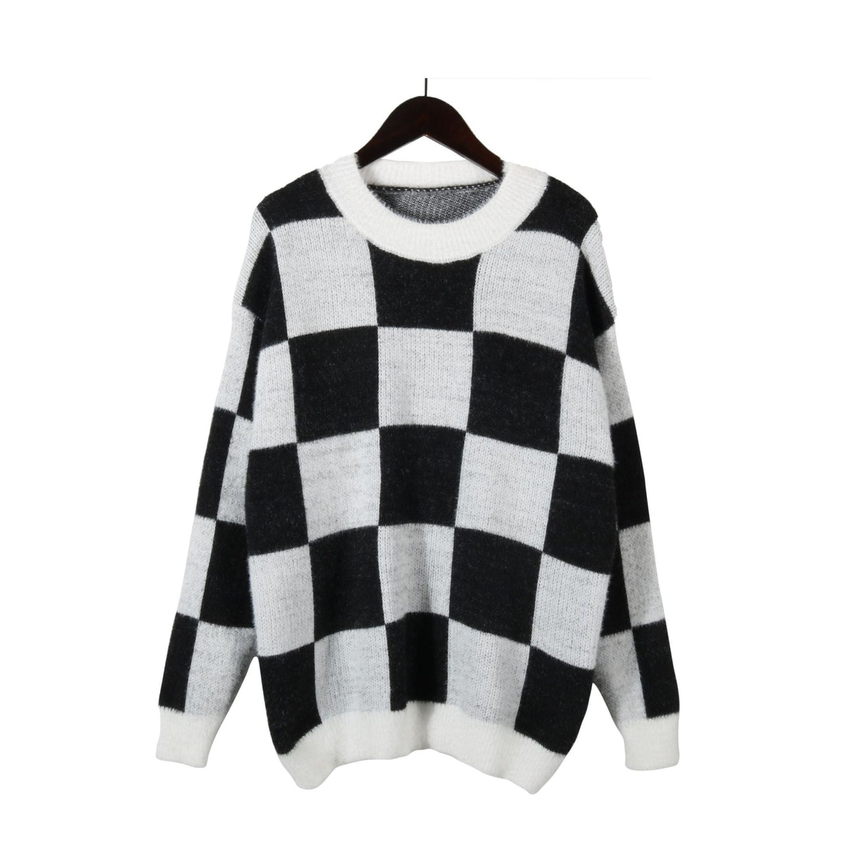 Autumn Winter Women Clothing Plaid Patchwork round Neck Long Sleeve Loose Sweater Pullover