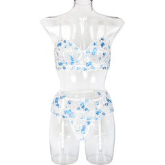 Gorgeous Embroidery Rose Floral Stitching Sexy Push-up Underwear Body Shaping Three-Piece Set