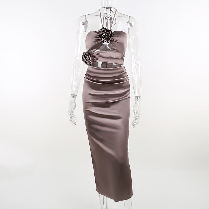 Three Dimensional Floral Satin Dress Summer Elegant Elegant Socialite Gift Dress for Women