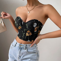 Women Clothing Sexy Low Cut Cropped Embroidery Short Top Chest Cotton Steel Ring Vest Women