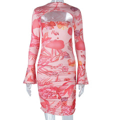 Autumn Winter Printing Long Sleeve Flared Sleeves Sheath Dress Women