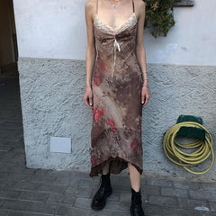 Sexy Lace Stitching Retro Printed Design Back Cross Strap Cami Dress