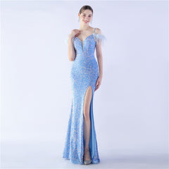 Craft Order Ostrich Feather High Density Sequined Long Evening Dress