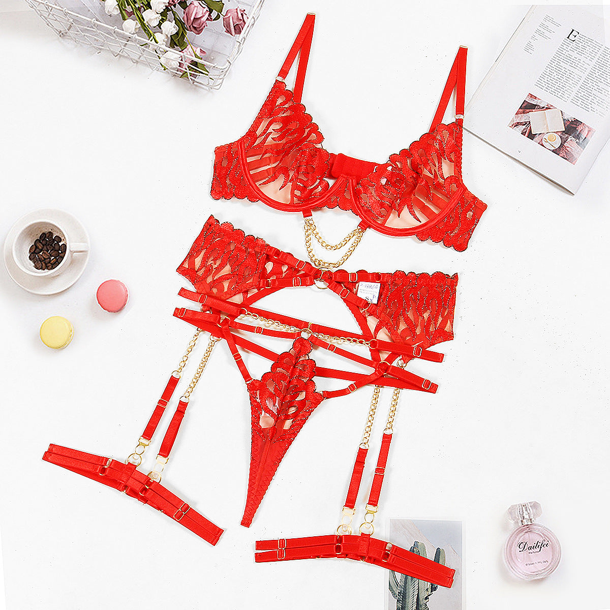 Flame Embroidery Sexy Chain Bra Hollow Out Cutout Ribbon Wedding Sexy Lingerie Four Piece Set