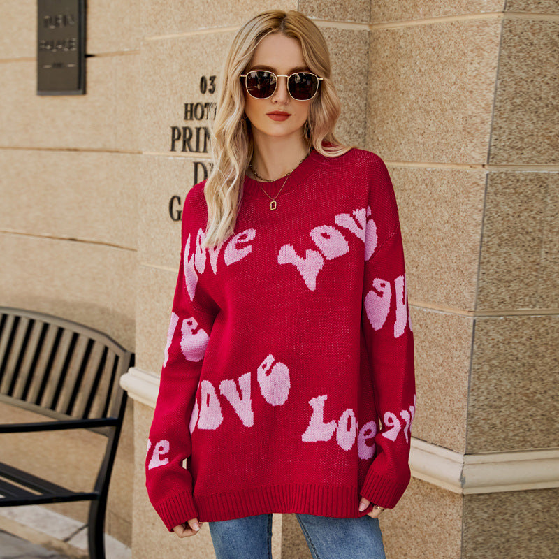 Autumn Winter  Women Idle round Neck  Letter Graphic Jacquard Long Sleeve Pullover Sweater