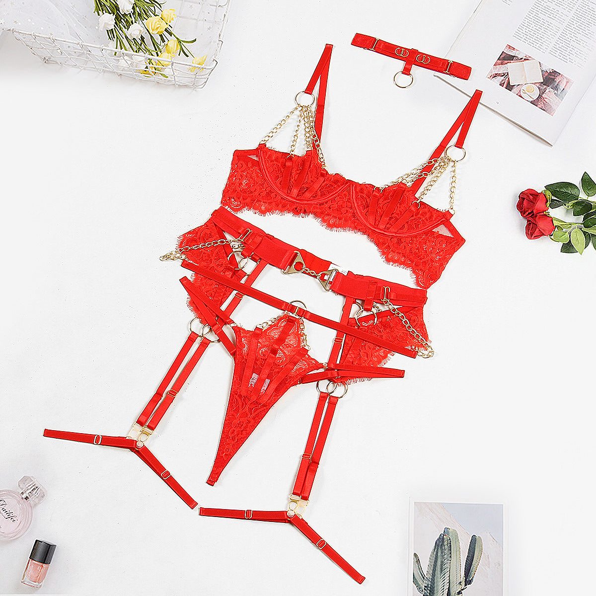 Lace Hollow Out Cutout Steel Ring Push up Sexy Half Cup Sexy Lingerie Five Piece Set