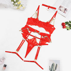 Lace Hollow Out Cutout Steel Ring Push up Sexy Half Cup Sexy Lingerie Five Piece Set