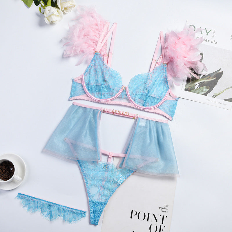 High Quality Women Clothes Design Feather Lace Contrast Color Sexy Underwear Four Piece Set