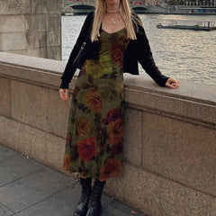 Rose Print Sexy Low Cut V neck Stiletto Heel Cami Dress  Slimming Chiffon Dress