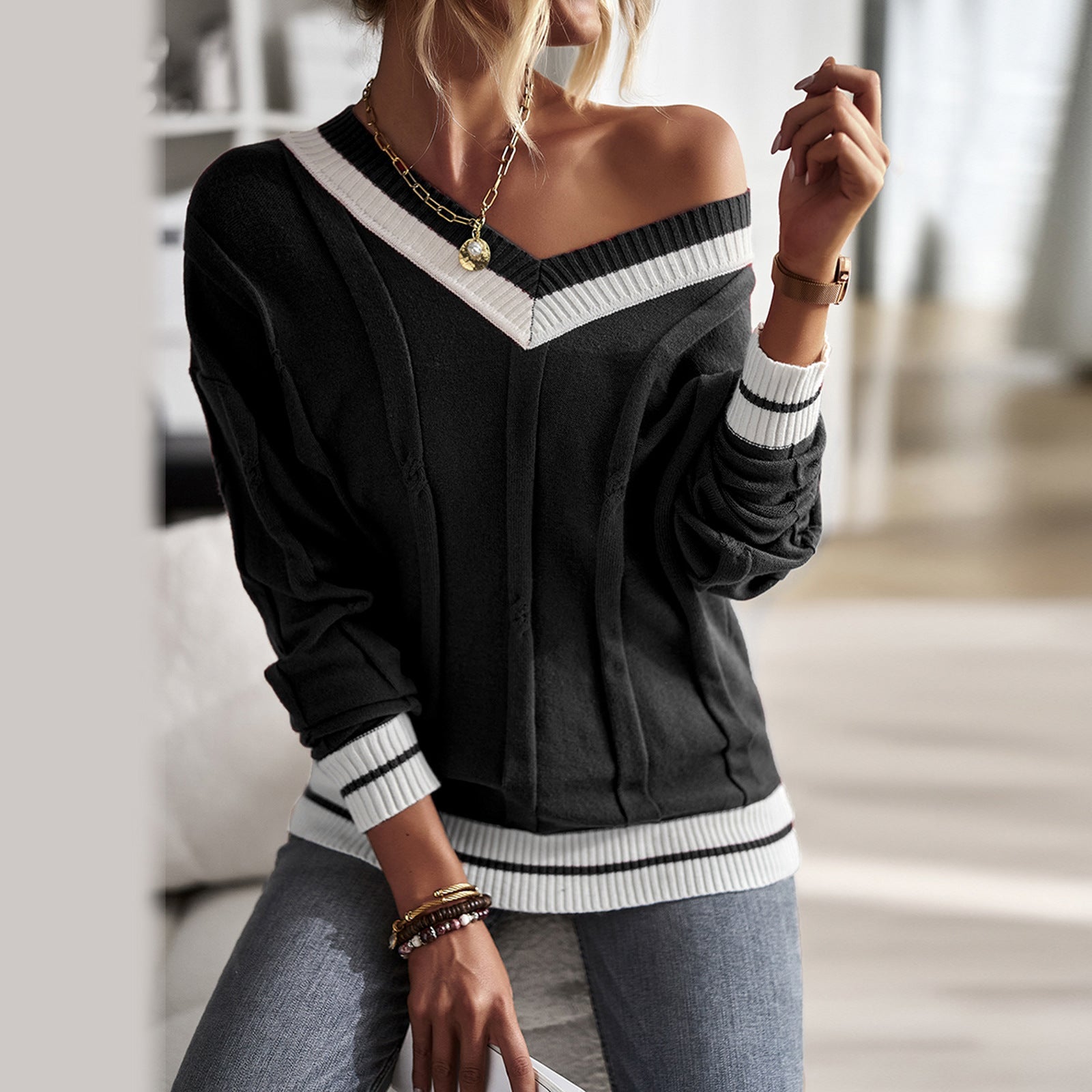 Women Clothing Simple V Collar Contrast Color Stitching Sweater Top