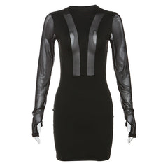 Autumn Winter Women  Clothing See through Mesh Stitching Long Sleeves round Neck Sheath Dress for Women