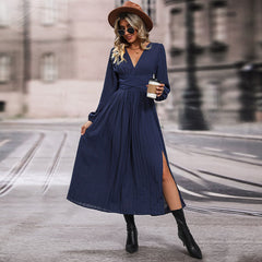 Autumn Women Clothing Long Sleeve Solid Color Dress Mid Length