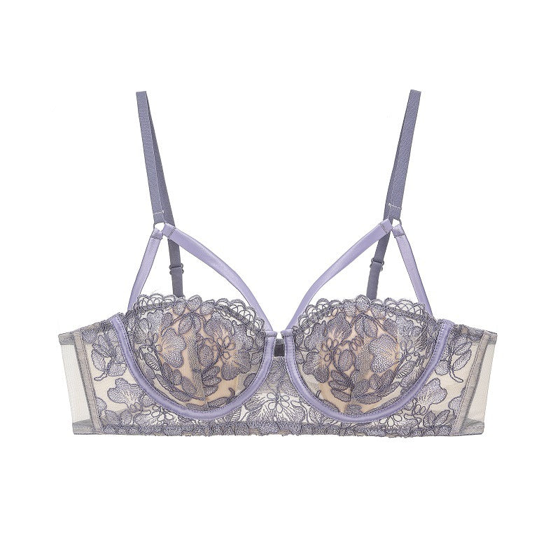 French Embroidery Underwear Women 1/2 Rabbit Ear Cup Soft Steel Ring Sexy Floral Lace Bra Panties Set