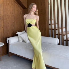 Spring Summer Elegant Socialite Dress Floral Satin Hollow Out Cutout Dress Women