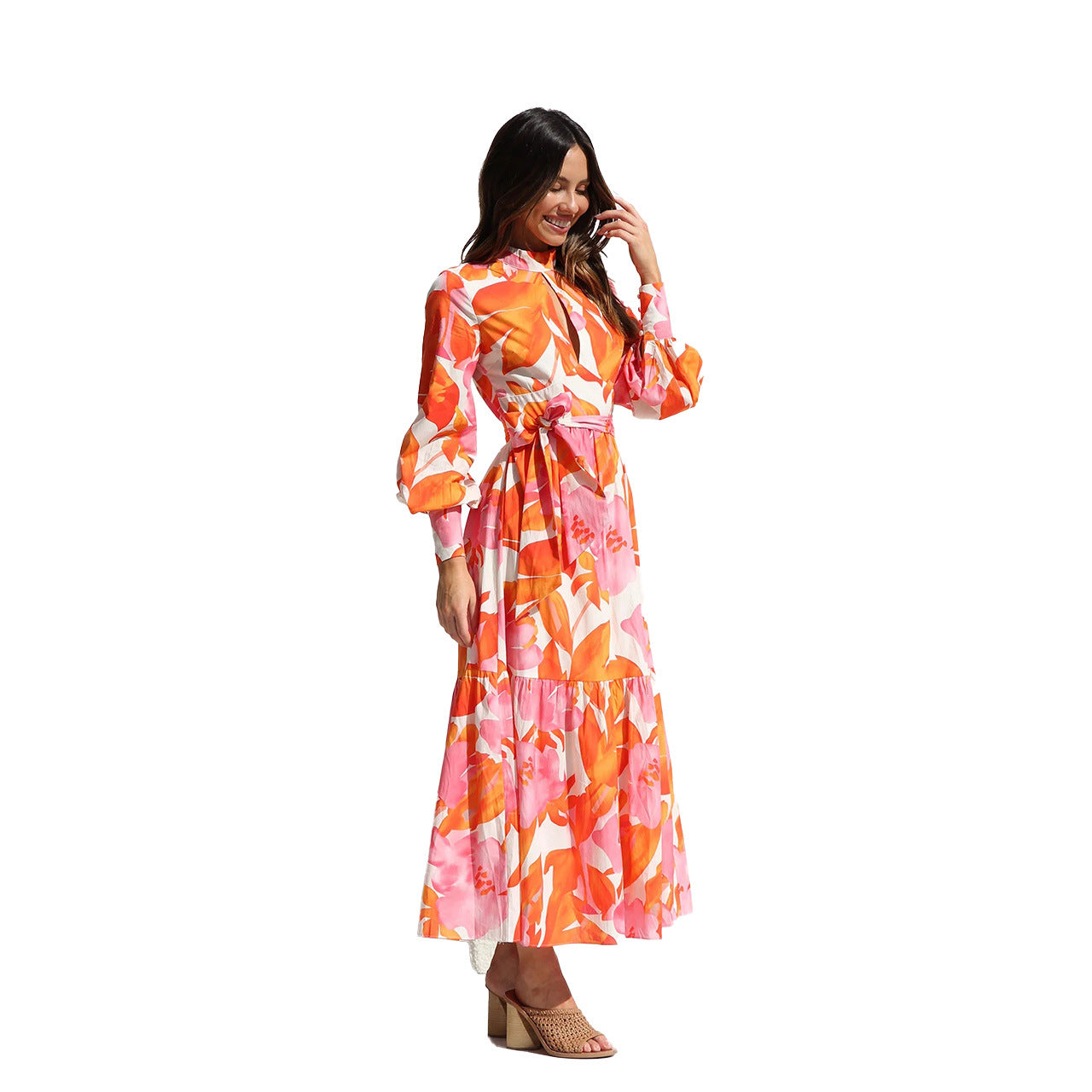 Years Printed Pleated Oversized Swing Waist Lantern Sleeve Maxi Dress