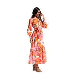 Years Printed Pleated Oversized Swing Waist Lantern Sleeve Maxi Dress