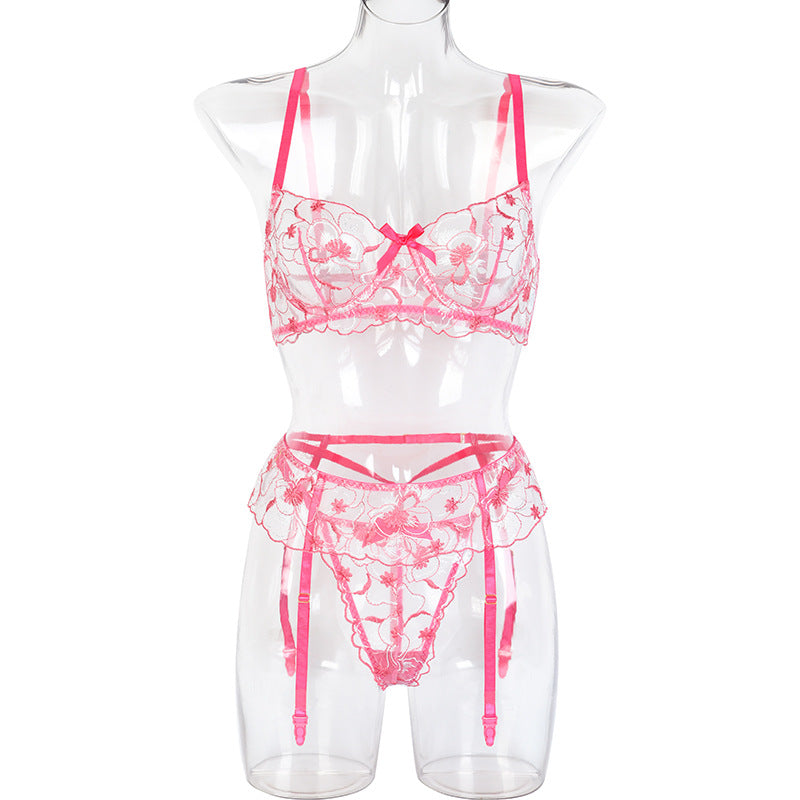 Embroidery Large Floral Leaf Stitching Sexy Push up Underwear Body Shaping Three-Piece Set