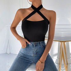 New Women Clothes Net Red Wind Solid Color Halter Criss Cross Vest Knitted Sexy Slim Top for Women