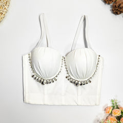 Sweet Fresh Pleated Suspender Vest Short Tight Stretch Shaping Bra Tube Top with Steel Ring Beaded Top