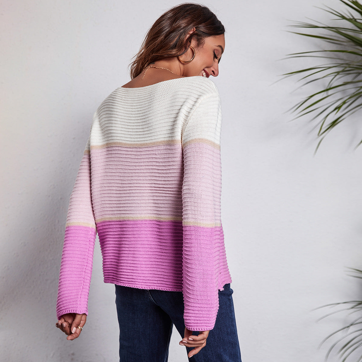 Contrast Color Gradient Color Striped off Neck Sweater Women Color Matching Knitwear Sweater