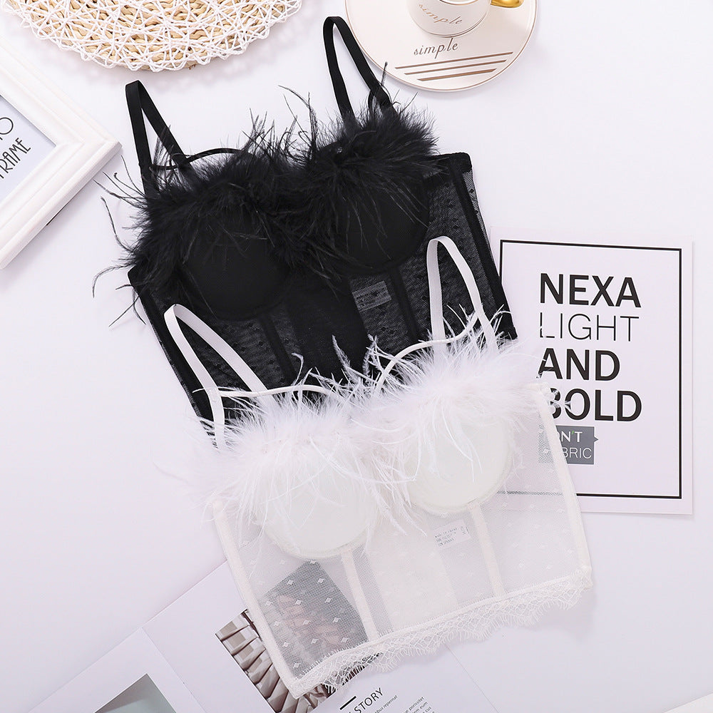 Lace Mesh Camisole Vest Women Outer Wear Hollow Out Cutout Backless Sexy True Feathers Tube Top Women