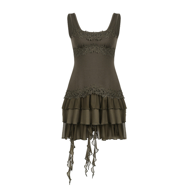 Retro Beggar Vacation Ruffled Irregular Asymmetric Lace Vest Dress Sexy Slim Fit Backless Short Dress