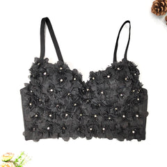 Three Dimensional Floral Beaded Camisole Elegant Graceful Short Detachable Shoulder Strap Tube Top Sexy Bare Back Bra