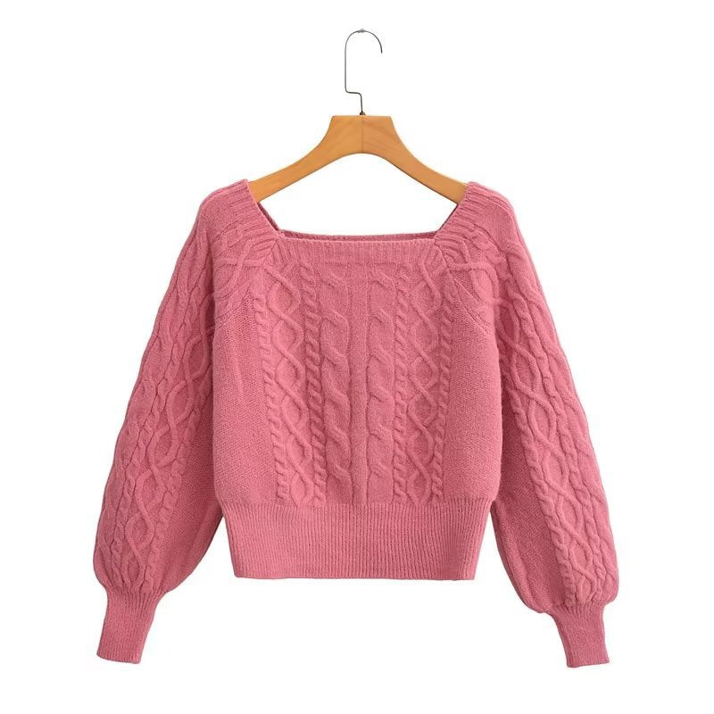 Soft Glutinous Cable Knit Sweater Women Autumn Winter Sweet Idle Design Square Collar Short Sweater