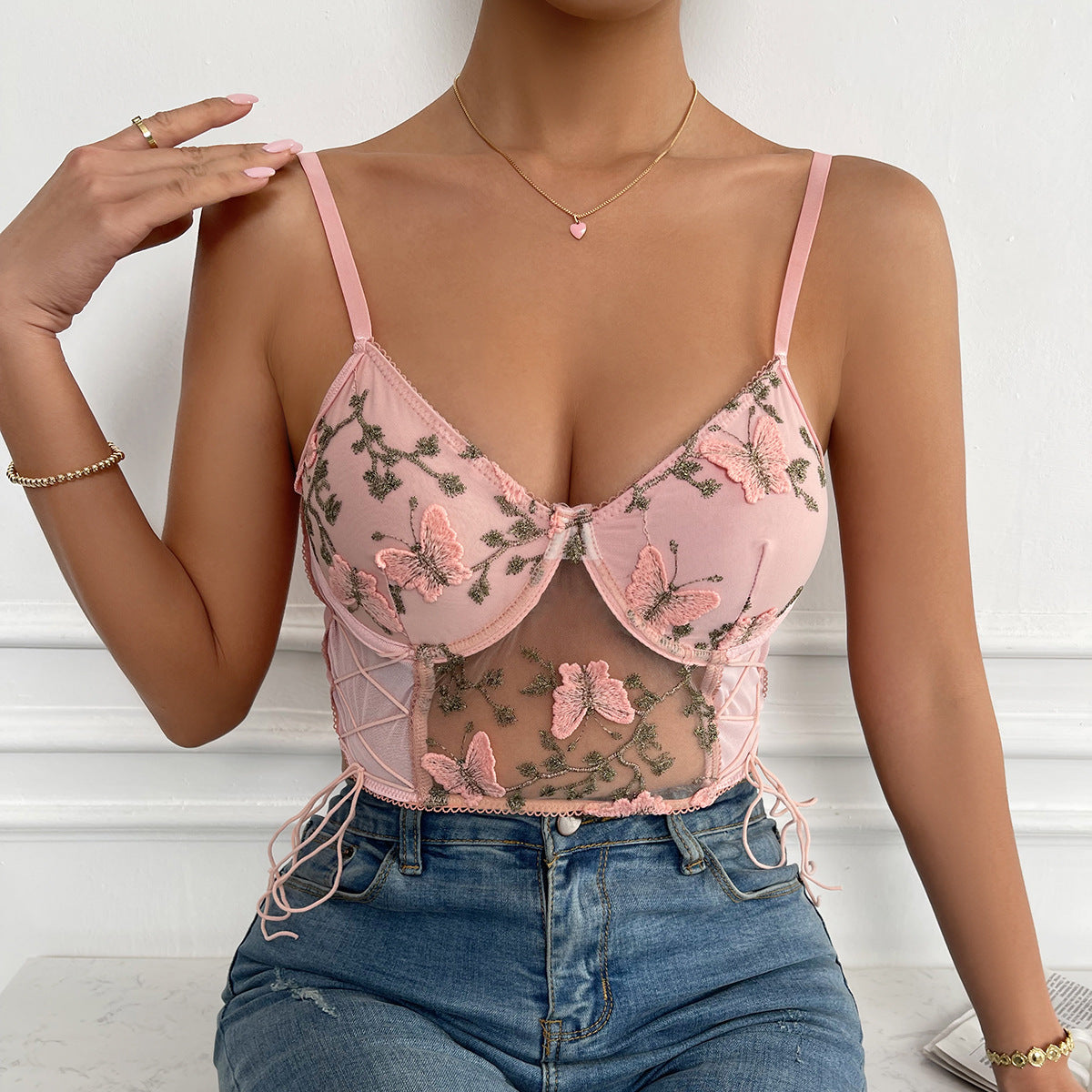 Sexy Backless See-through Mesh Camisole Drawstring Patchwork Vest
