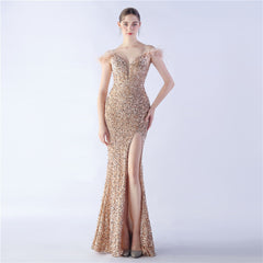 Craft Order Ostrich Feather High Density Sequined Long Evening Dress