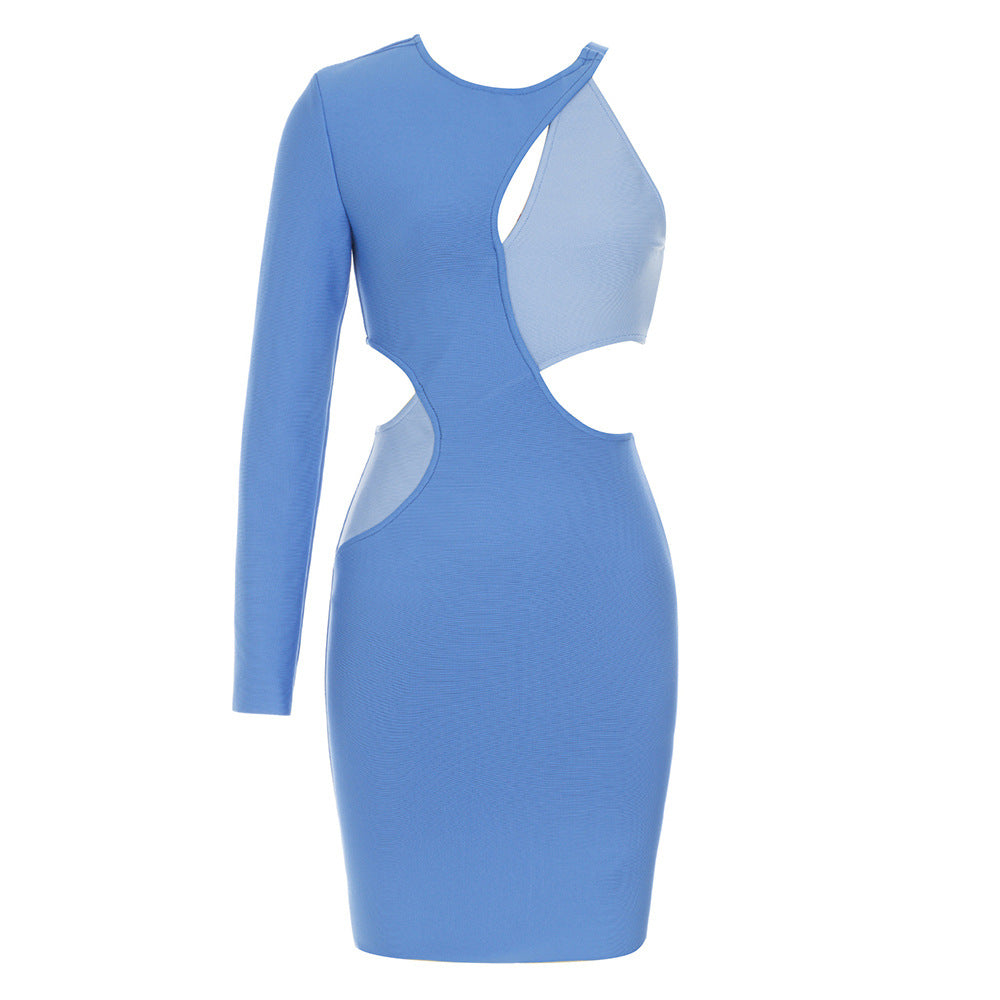 Dress Simple Bandage Retro Sexy Cutout Stitching Irregular Asymmetric Long Sleeve Slim Dress