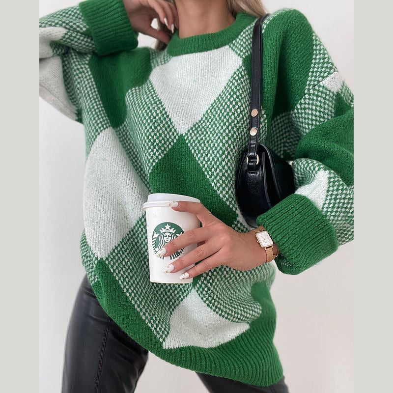 Half Turtleneck Pullover Sweater Loose Green Diamond Lattice Sweater