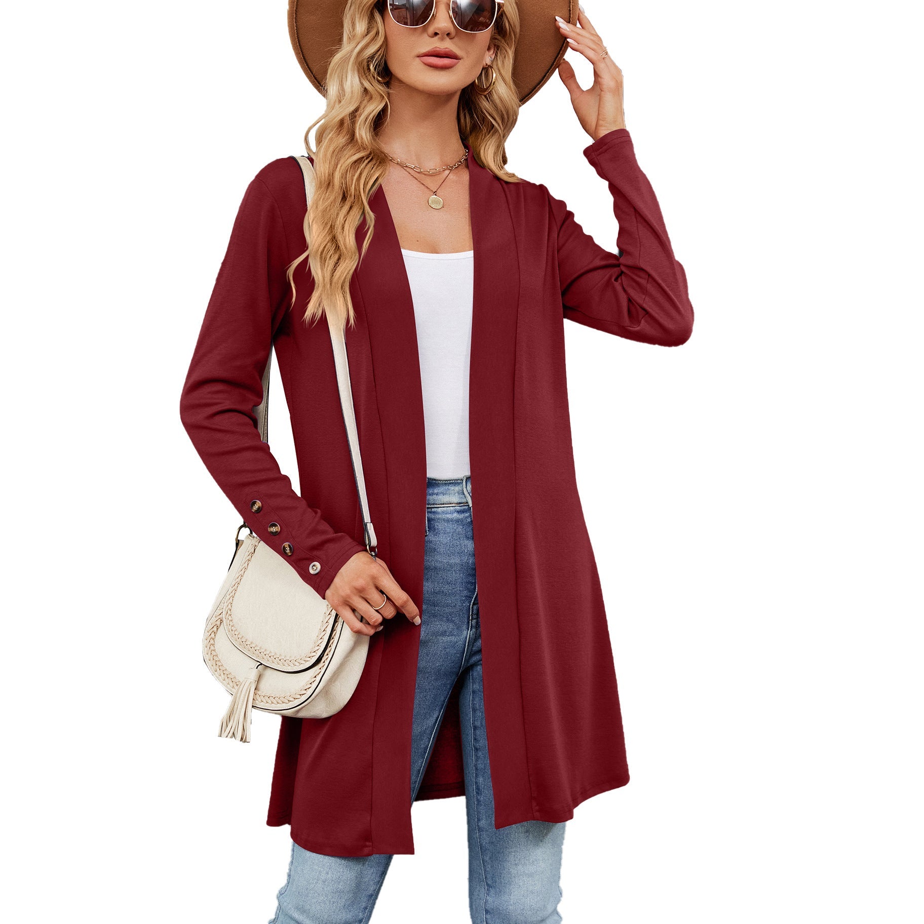 Autumn Winter Solid Color Buttons Loose Long Sleeve Cardigan Knitted Coat Women