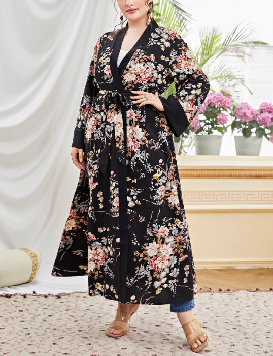 Plus Size Cardigan Coat Color Printing Artistic Long Sleeve Elegant Chiffon Women