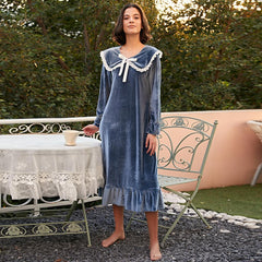 Nightdress Women Autumn Winter French Royal Doll Collar Long Sleeve Fleece Lined Thickened Loungewear