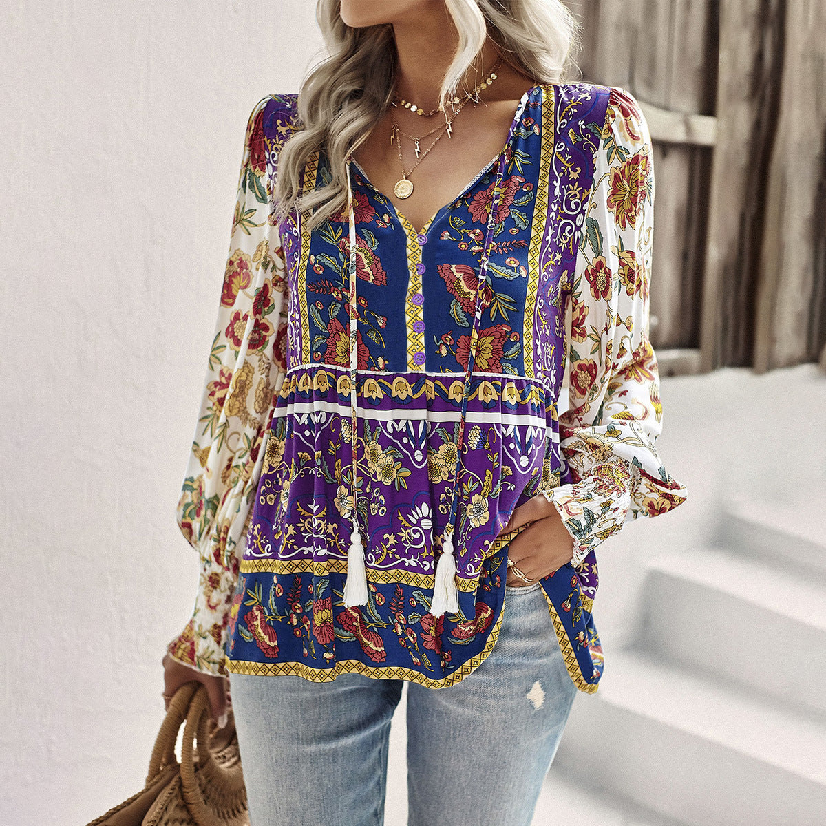 Women Clothing Autumn Bohemian Casual Rayon Printed Long Sleeved Shirt Women