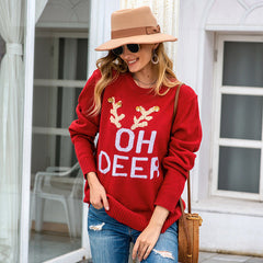 Autumn Winter Sweater Women Christmas Loose Idle Letters Antlers Crew Neck Pullover Sweater